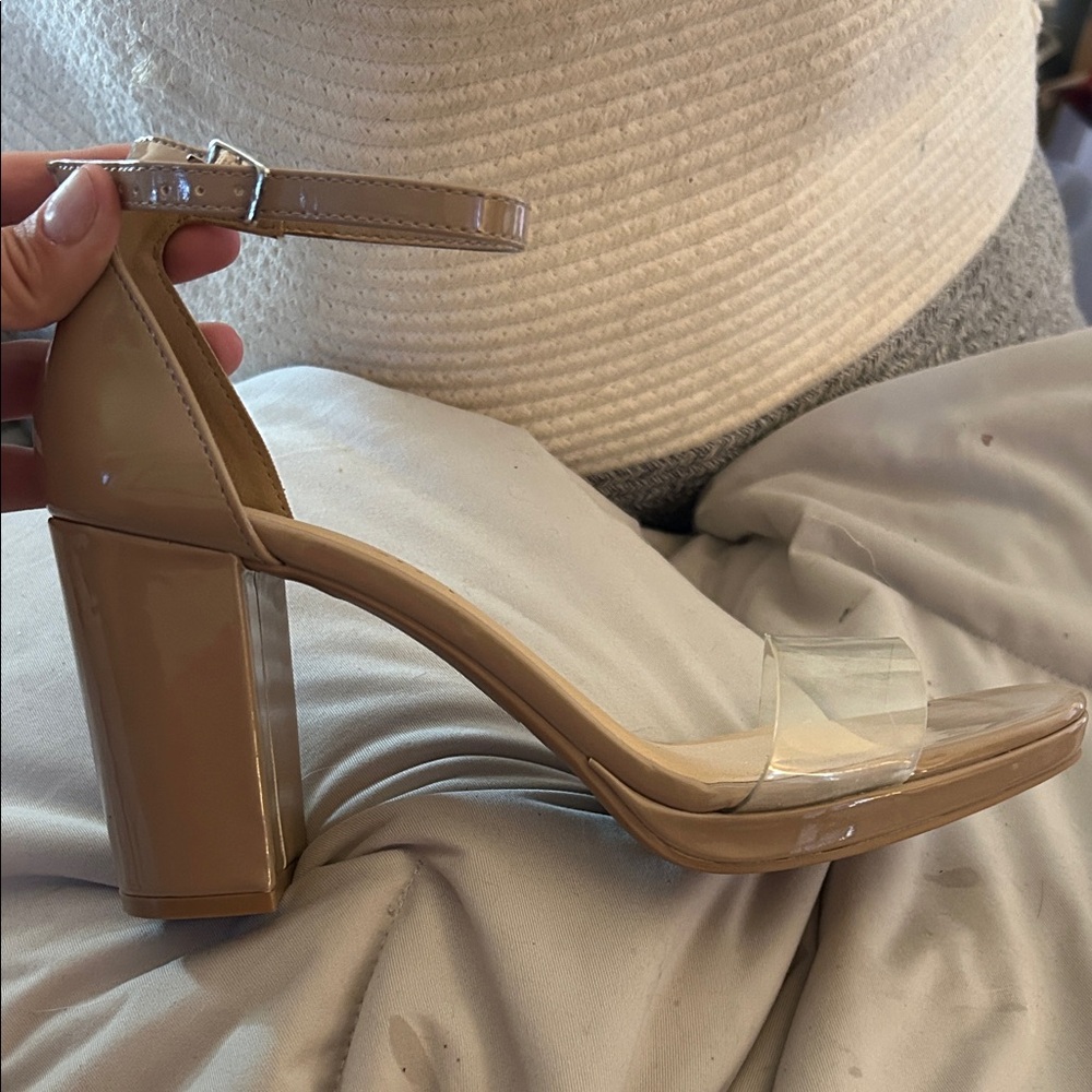 Nude Patent Block Heel Sandal with Clear Strap